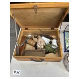 Wooden Box with Miscellaneous Items