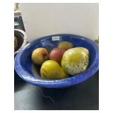 14-Inch Blue Pottery Bowl with Faux Fruit