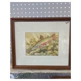 Framed Watercolor Trout Artwork, 1985