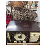 Vintage Table Radio, Basket, and Bottles