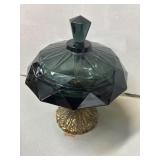 Green Glass Compote With Brass Base