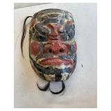 Hand-Painted Wooden Mask with Hair Accents