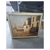 Framed City Street Scene Painting, 23x20'