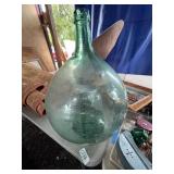 Large Green Glass Demijohn Bottle w/ Embossed Rim