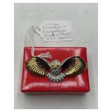 Large Enamel & Rhinestone Owl in Flight Brooch