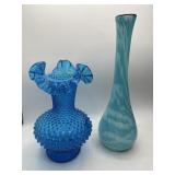 2 Piece Blue Art Glass Vase Lot