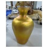7 Inch Iridescent Gold Art Glass Vase, Open Base