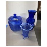 3pc Blue Glassware: Vase, Footed Bowl, Jar