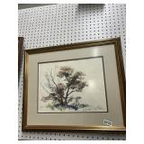 Framed Watercolor Landscape Tree Painting 22x17'