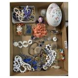 Costume Jewelry Lot & Avon Porcelain Box