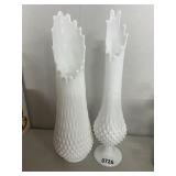 Pair Hobnail Milk Glass Vases, Ruffled Edge
