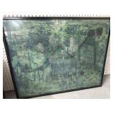 Signed Tang Framed Village Scene Artwork 32x26