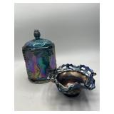 Iridescent Blue Glass Canister and Bowl, 2 Pieces