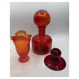 Three Piece Red and Orange Art Glass Lot
