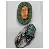 Sterling Brooches With Stone Inlay, 2pcs