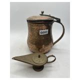 Copper Lidded Pitcher & Brass Oil Lamp, India