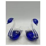 Pair Czech Republic Blue Glass Swan Figurines 3'