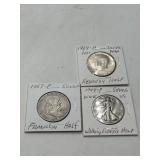 3 US Silver Half Dollars, 19441964, P-Mint