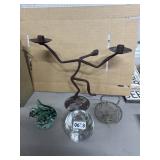 4 Pc Mixed Lot: Candle Holder, Art Glass, Wire
