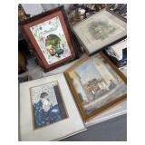 Framed 5 Pc Art Lot Mixed Media Prints & Art