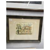 Framed Watercolor of Spanish Mission, 20x17'