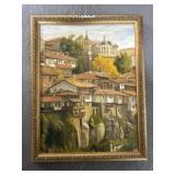 Framed Oil Painting of European Town, 10x12'