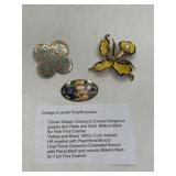 Three Vintage Enamel Floral Brooches, Marked
