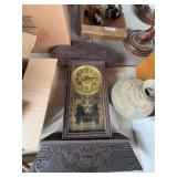 New Haven Wood Mantel Clock with Ornate Glass