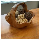 Carved Wood Root Basket with Wicker Orb Decor