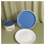 Blue Ceramic Plate White Bowl & Fruit Crock Set