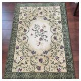Floral Area Rug Green Border Cream Center