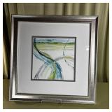 Abstract Blue Green Swirl Print Silver Frame