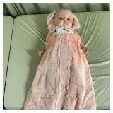 Vintage Composition Baby Doll Pink Gown Bonnet