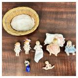 Miniature Bisque Baby Dolls w/ Wicker Basket