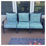 Black Metal Patio Sofa Blue Paisley Cushions