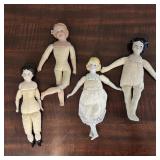 Antique Porcelain Head Dolls Cloth Bodies Set 4