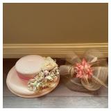 Pink Straw Hat with Flowers & Sinamay Fascinator