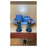 Blue Ceramic Cream Sugar Set w Glass Shakers