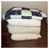 Patchwork Quilt & White Coverlets Stack of 4