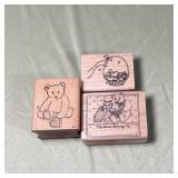 Rubber Stamps Wood Mounted Set of 3 Teddy Bear