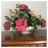 Silk Rose Floral Arrangement in White Ceramic Bowl