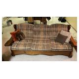 Vintage Pine Frame Sofa Plaid Tweed Upholstery