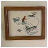 Framed Fly Fishing Cross Stitch Needlepoint Wall