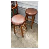 Pair of Wooden Bar Stools with Brown Padded Seats
