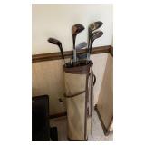 Vintage Golf Bag with Clubs Set Canvas Leather