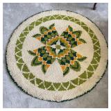 Vintage Round Latch Hook Rug Green Gold Floral