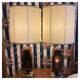 MCM Walnut & Brass Lantern Table Lamps with Shades