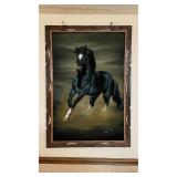 Vintage Black Velvet Horse Painting Carved Wood