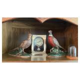 Ceramic Pheasant Figurine Pair with Brass Mantel