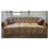 Floral Upholstered Sofa with Carved Wood Arms